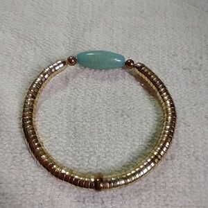 Goldtone beaded bangle blue bead bracelet faux turquoise